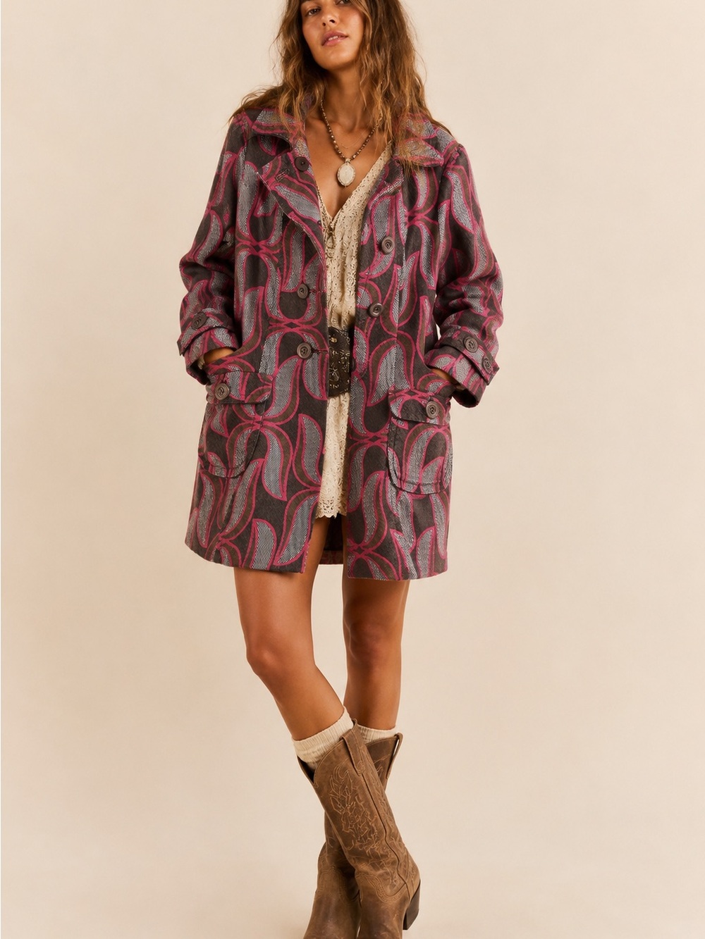 Anthropologie Elevenses Lotus Leaf Peacoat Jacket Pink Grey Retro Geometric - 6